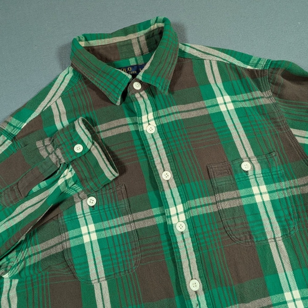 Polo Ralph Lauren Button Down Shirt Mens Large Green Brown Plaid Flannel Pockets